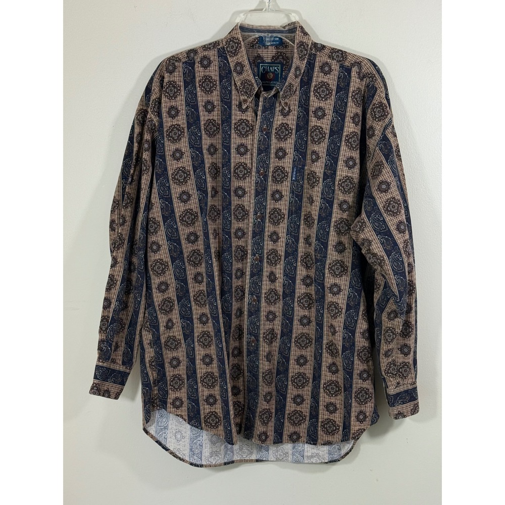 Chaps Ralph Lauren Button Shirt Men's L Beige Blue Paisley Medallion Vintage